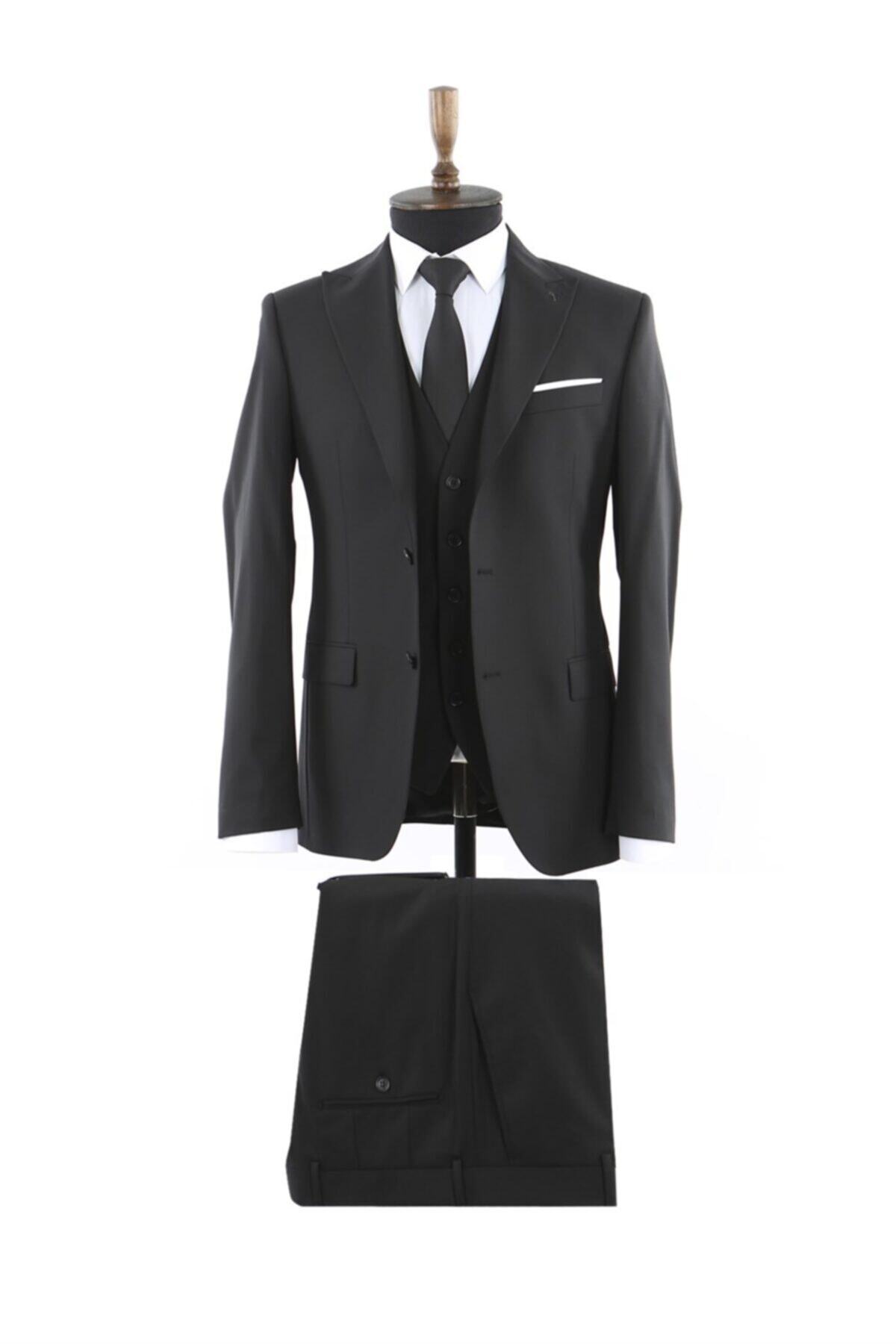 Jakamen Siyah Slim Fit Sivri Yaka Erkek Yelekli Takım Elbise