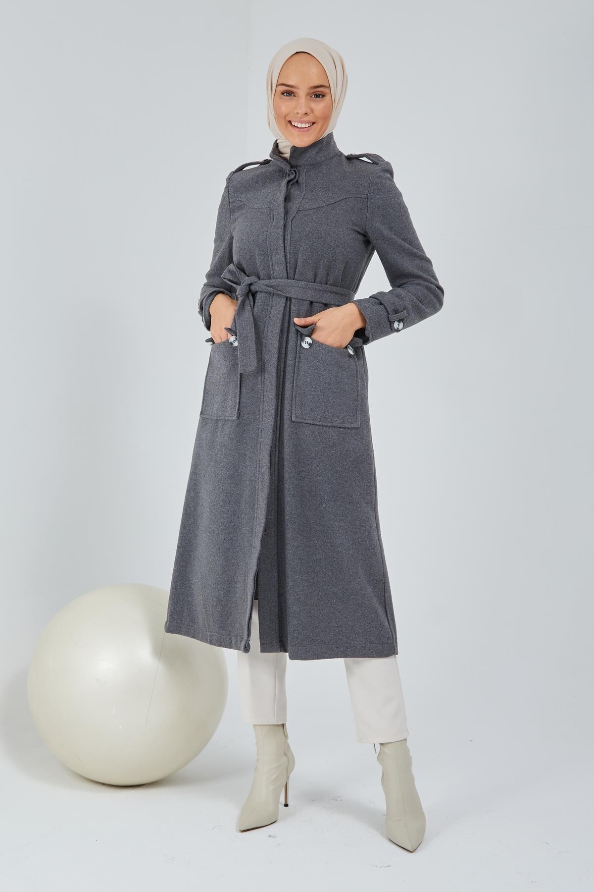 meqlife Düğmeli Uzun Kaşe Kaban Füme