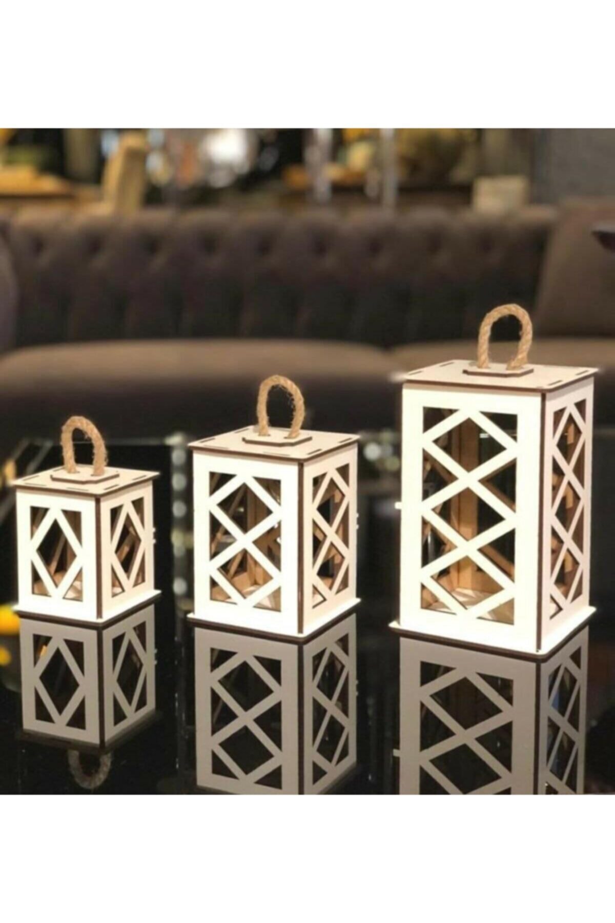 foryou Dekoratif 3'lü Mini Beyaz Ahşap Fener Seti Mumluk Hediyelik Eşya Kafes Mumluk