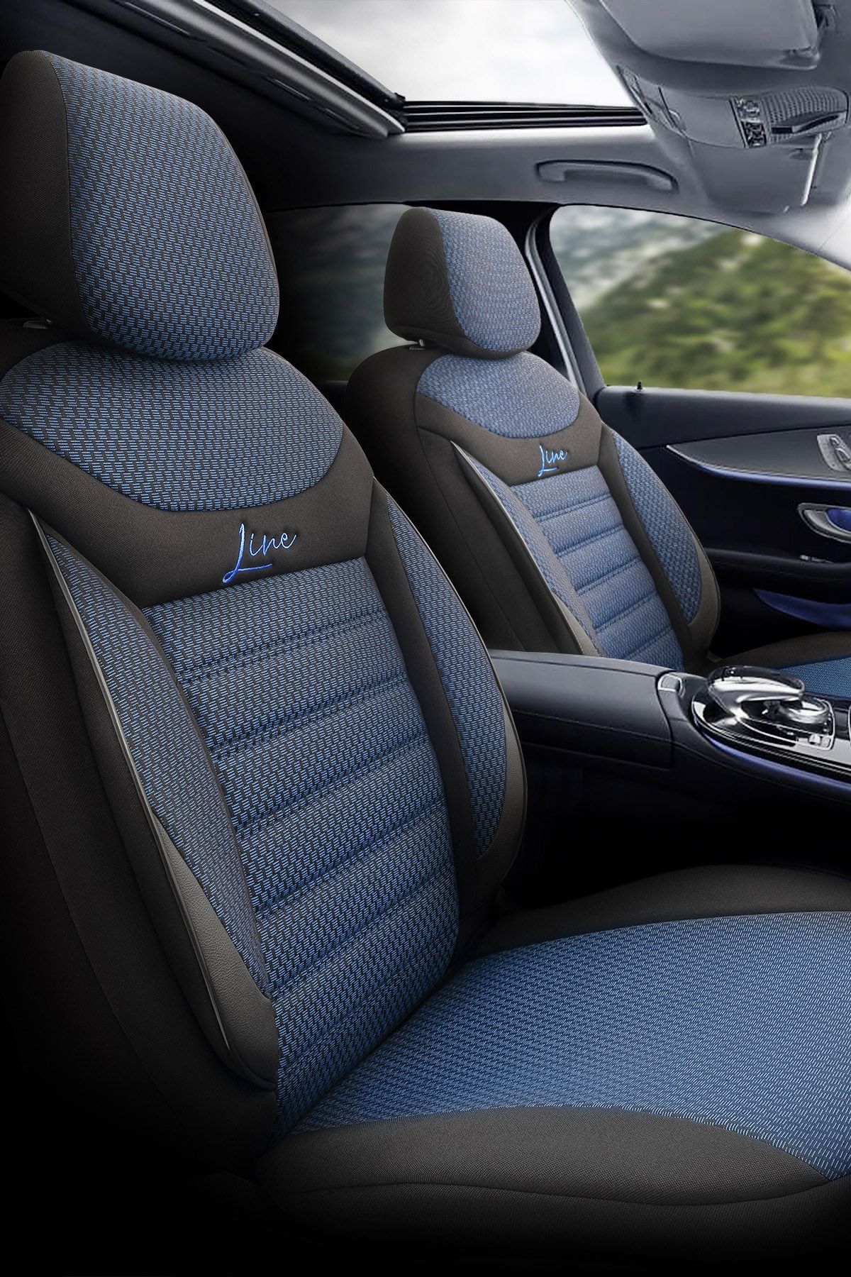 Otom Airbag Dikişli Ortopedik Ekstra Destekli Oto Koltuk Kılıfı Tam Set - Yeni Line Design Siyah-Mavi