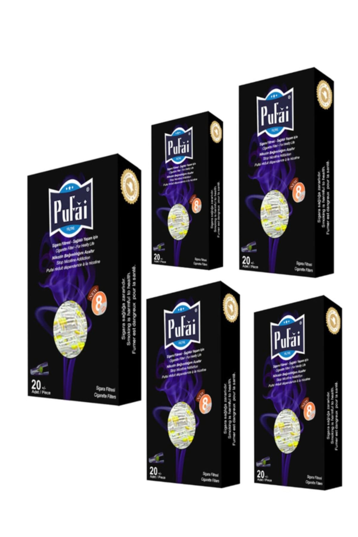 Pufai Sigara Ağızlığı Tar Süzen Filtre 8 Mm Normal Boy 100 Adet 5 Kutu Dark