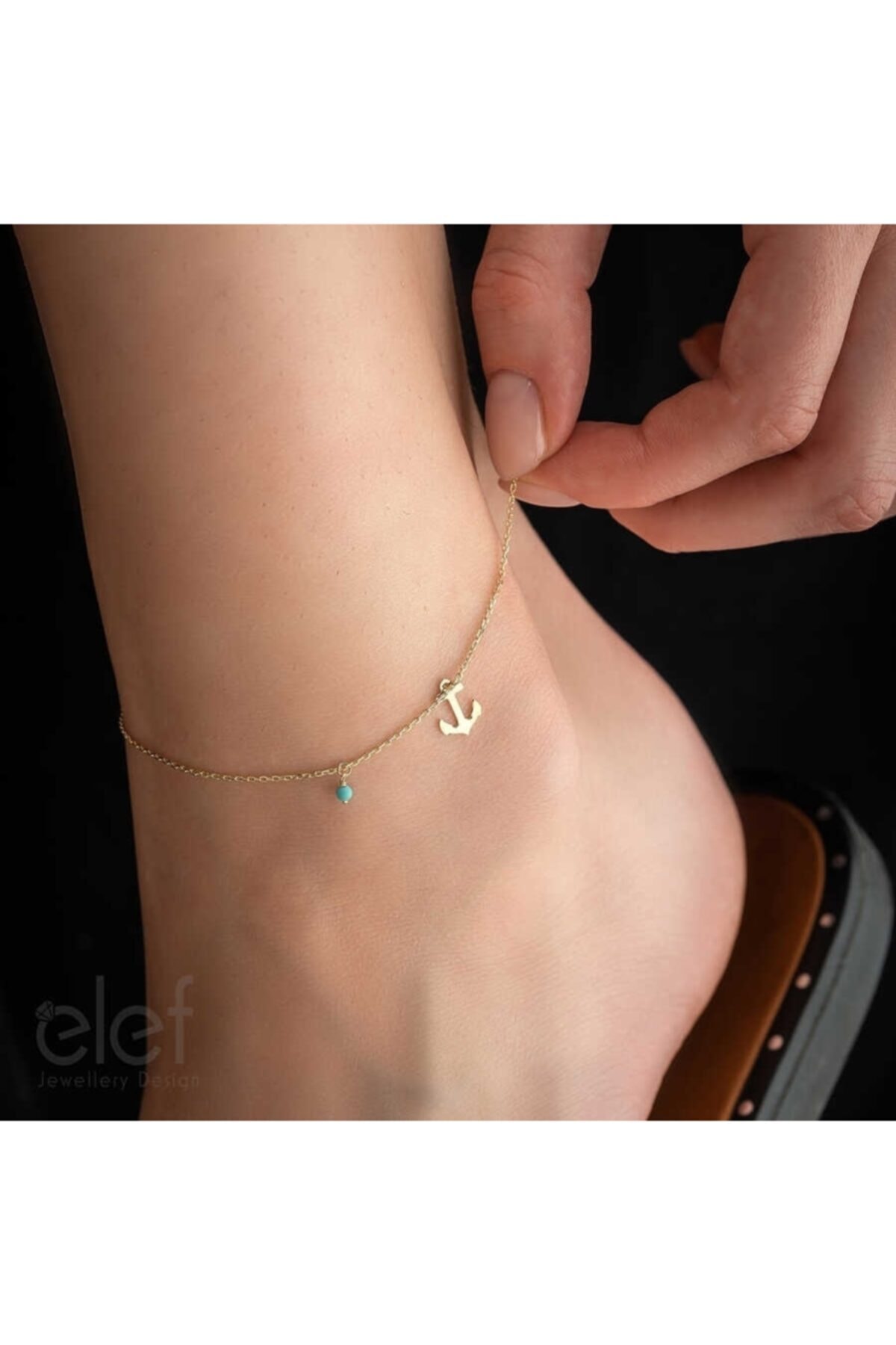 ELEF JEWELLERY Firuze Boncuklu Çapa Figürlü 14 Ayar Altın Halhal