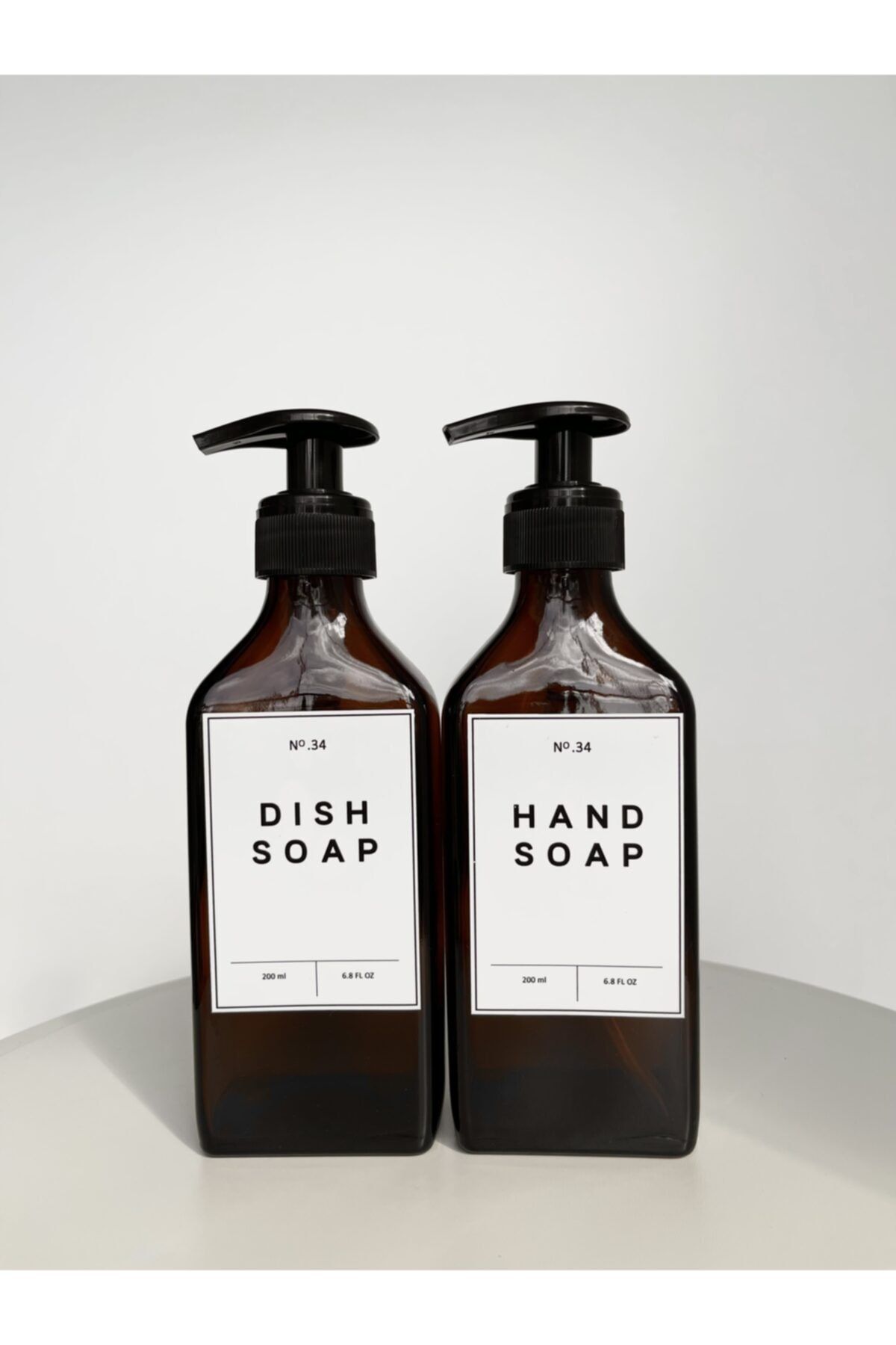 No34 Concept Sıvı Sabunluk Modern Tasarım Amber Köşeli Cam Şişe 200 ml Hand Soap, Dish Soap ( 2 Adet )