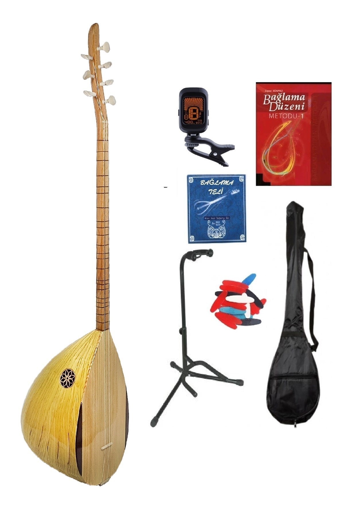 MÜZİKHAL TİCARET Dut Ağacı Sarı Filetolu Uzun Sap Bağlama Full Set