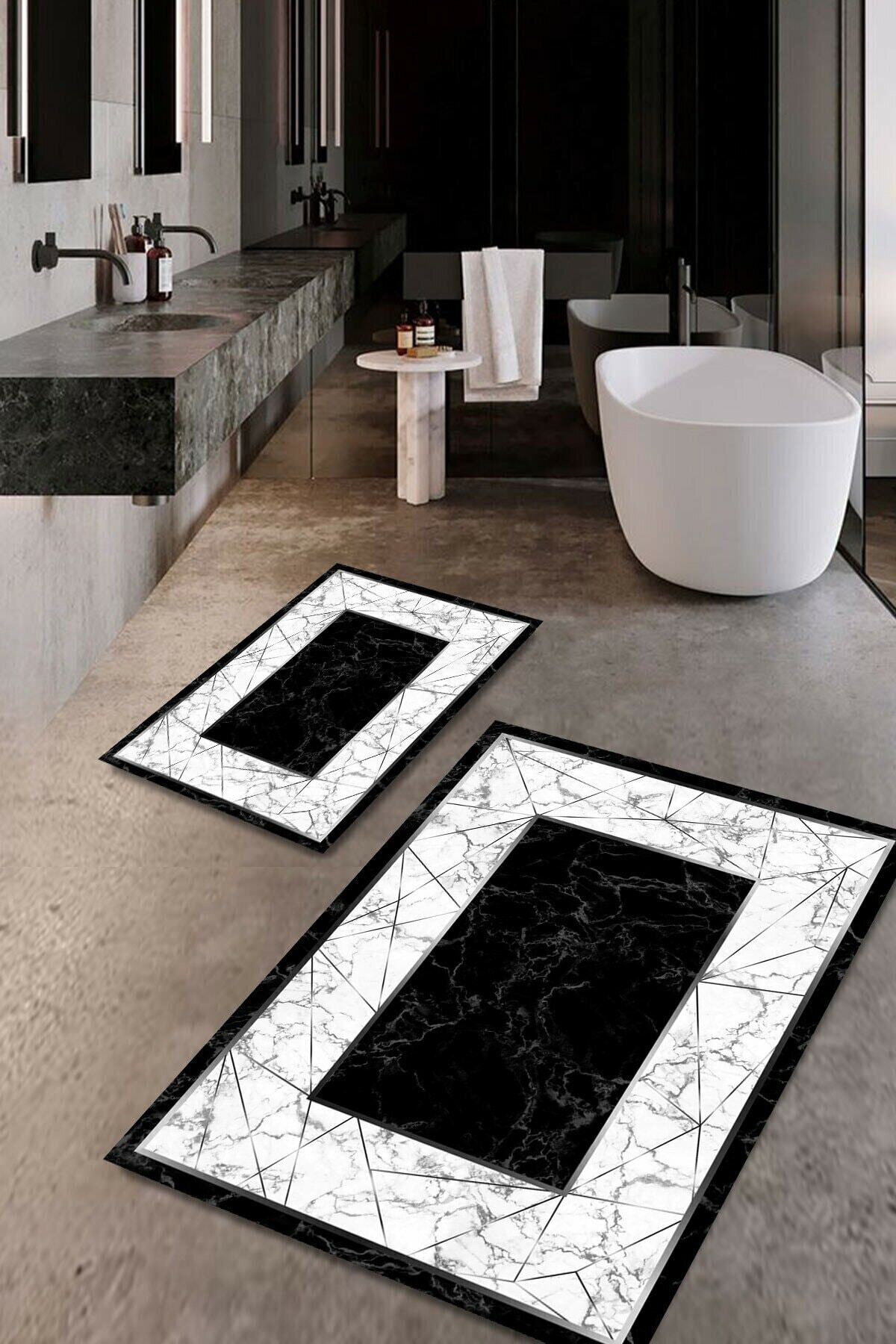 Resmiro Siyah Çerçeve 2li Banyo Halısı