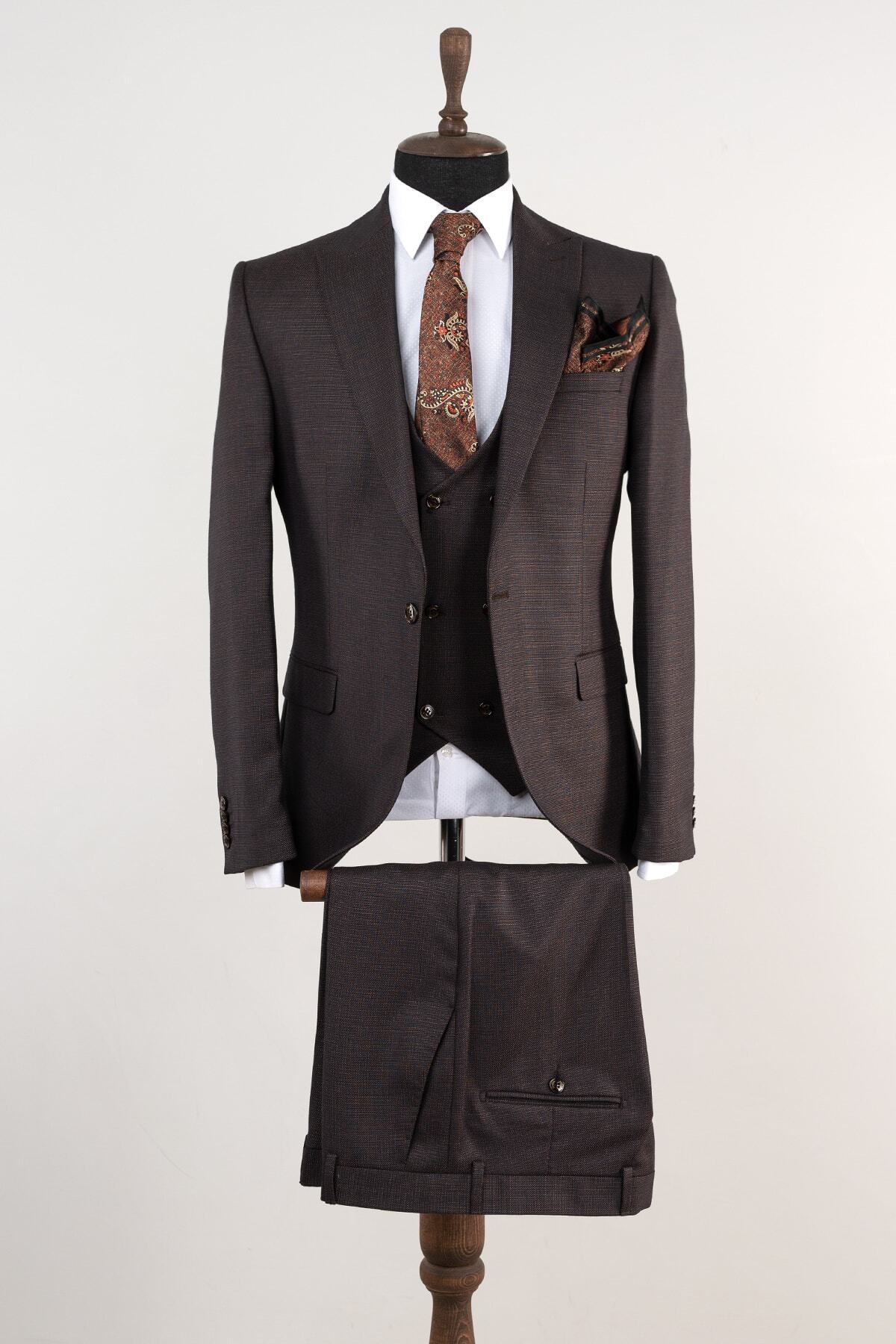 GUERRO Classıc Yelekli Slim Fit Kahvetakım Elbise 8121-01k