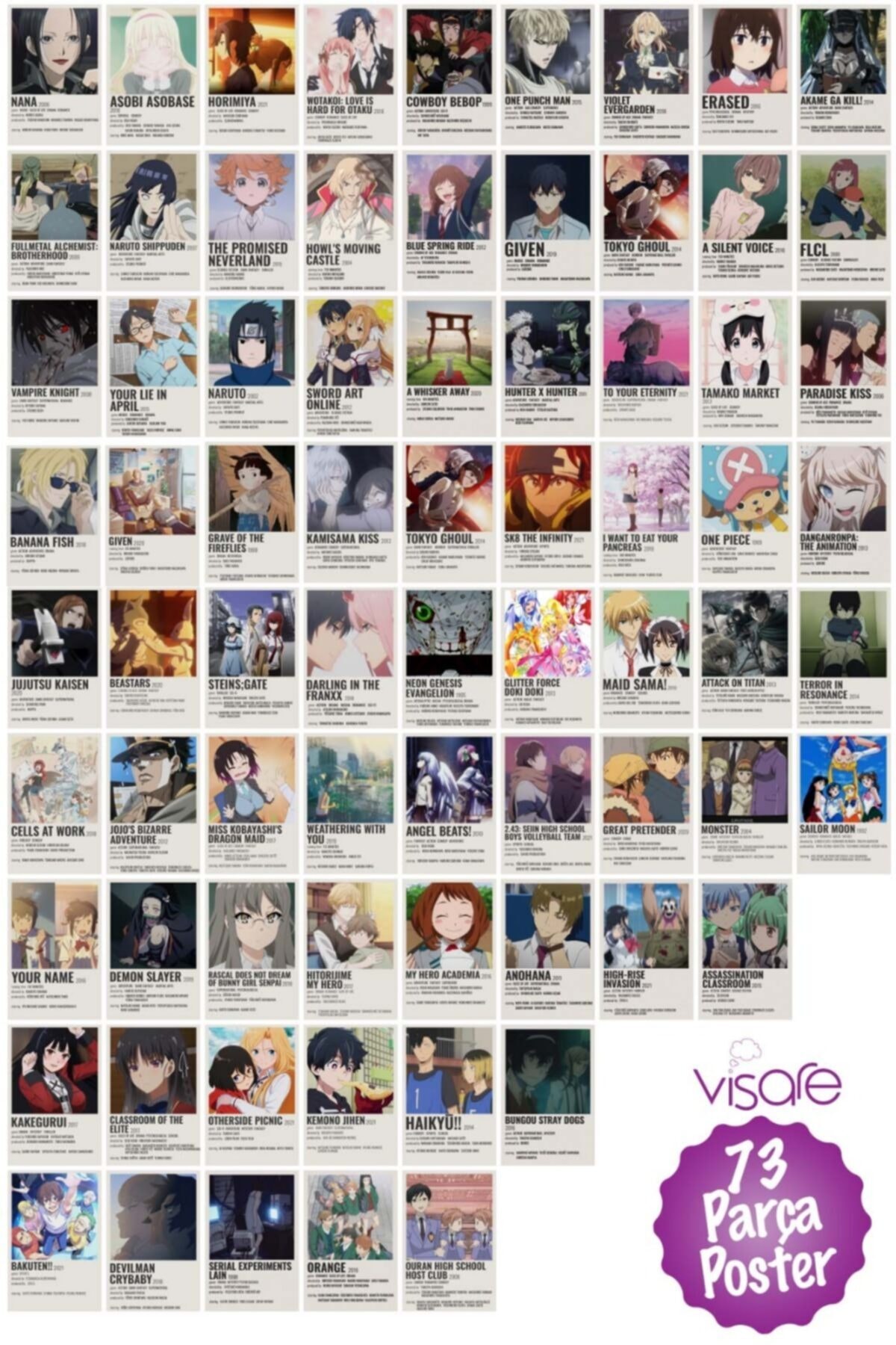 visare Anime Poster Seti 73 Adet - 10 X 15 Cm - 210 Gr Amerikan Bristol Kağıt
