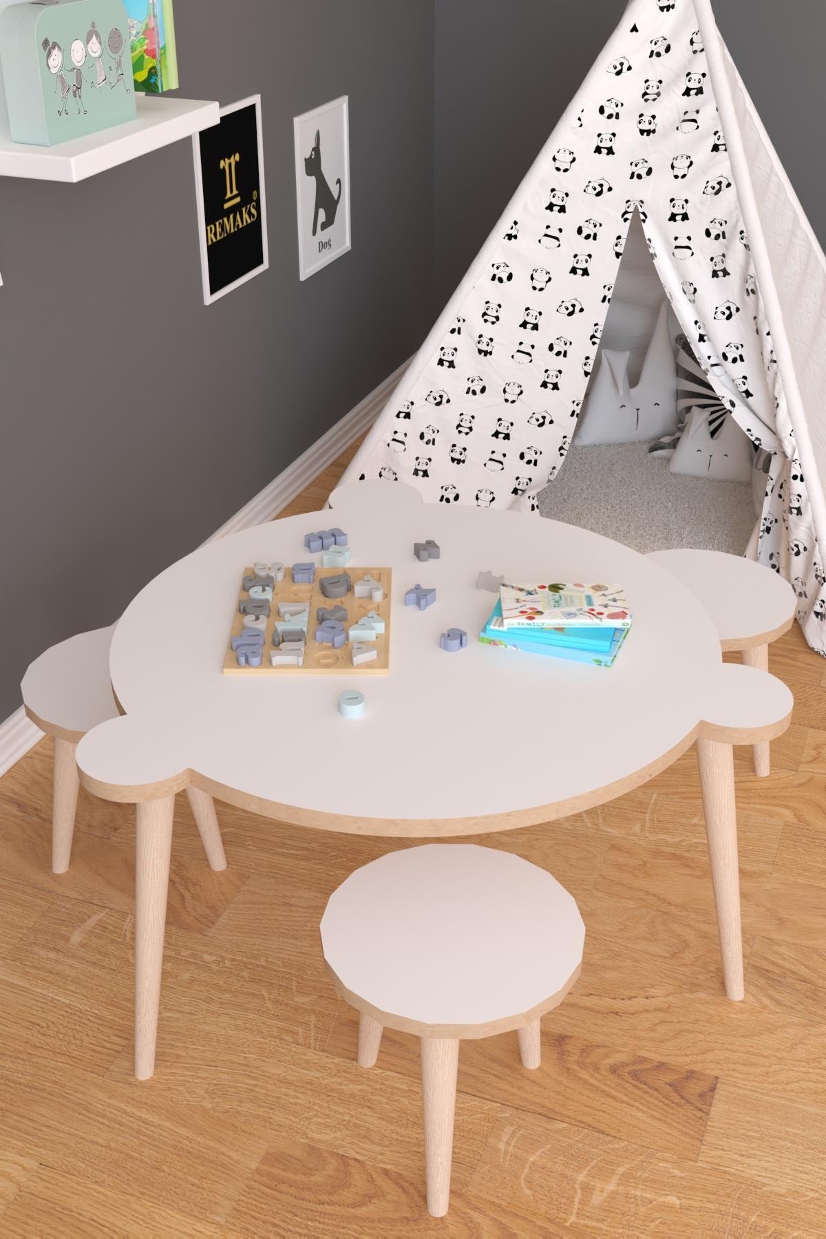 birnur pazar Yuvarlak Yaz Sil Çocuk Masa Sandalye Takımı 1 Aktivite Oyun Masası 3 Sandalye-beyaz