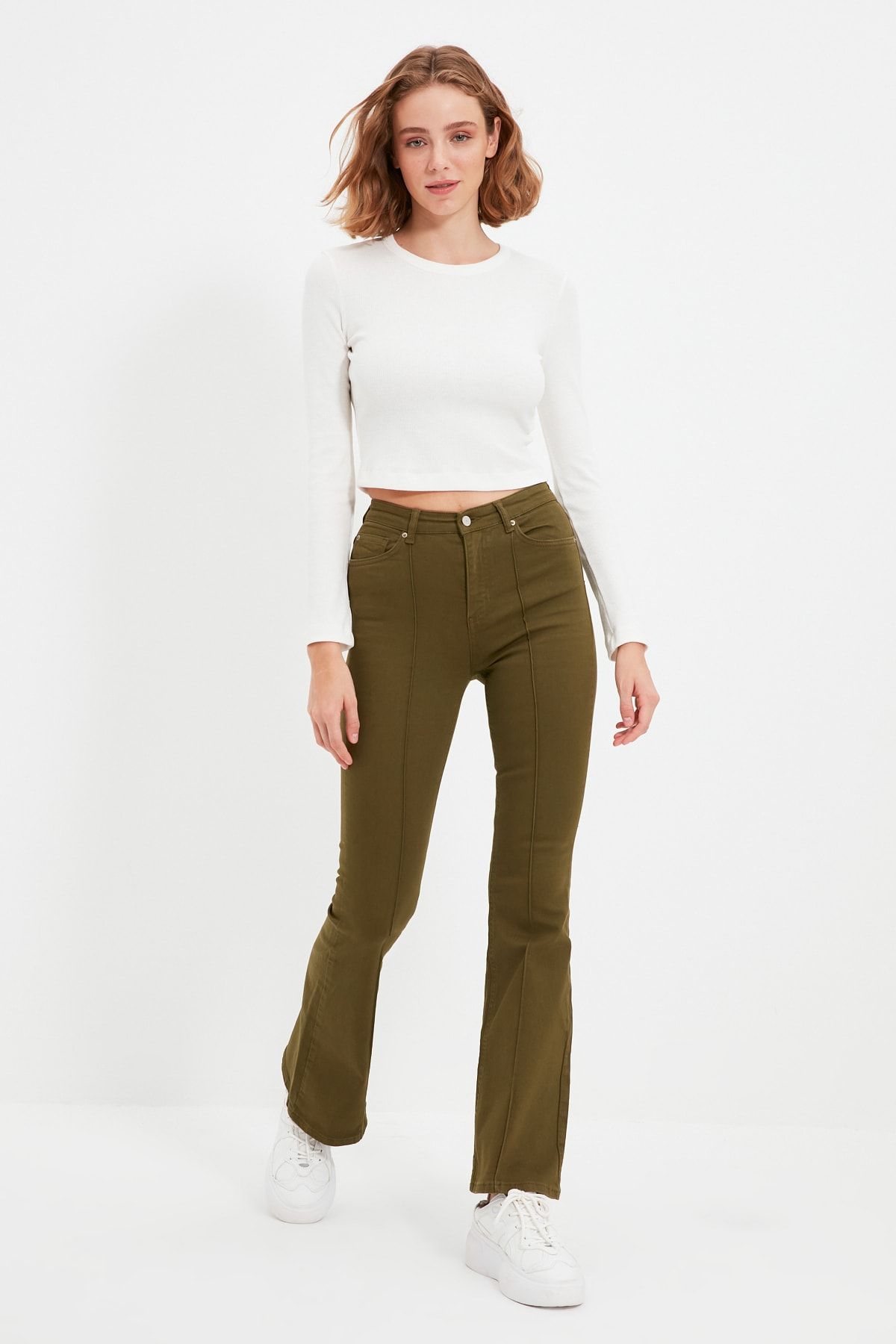 TRENDYOLMİLLA Haki Organik Pamuk Dikiş Detaylı Yüksek Bel Flare Jeans TWOAW22JE0129