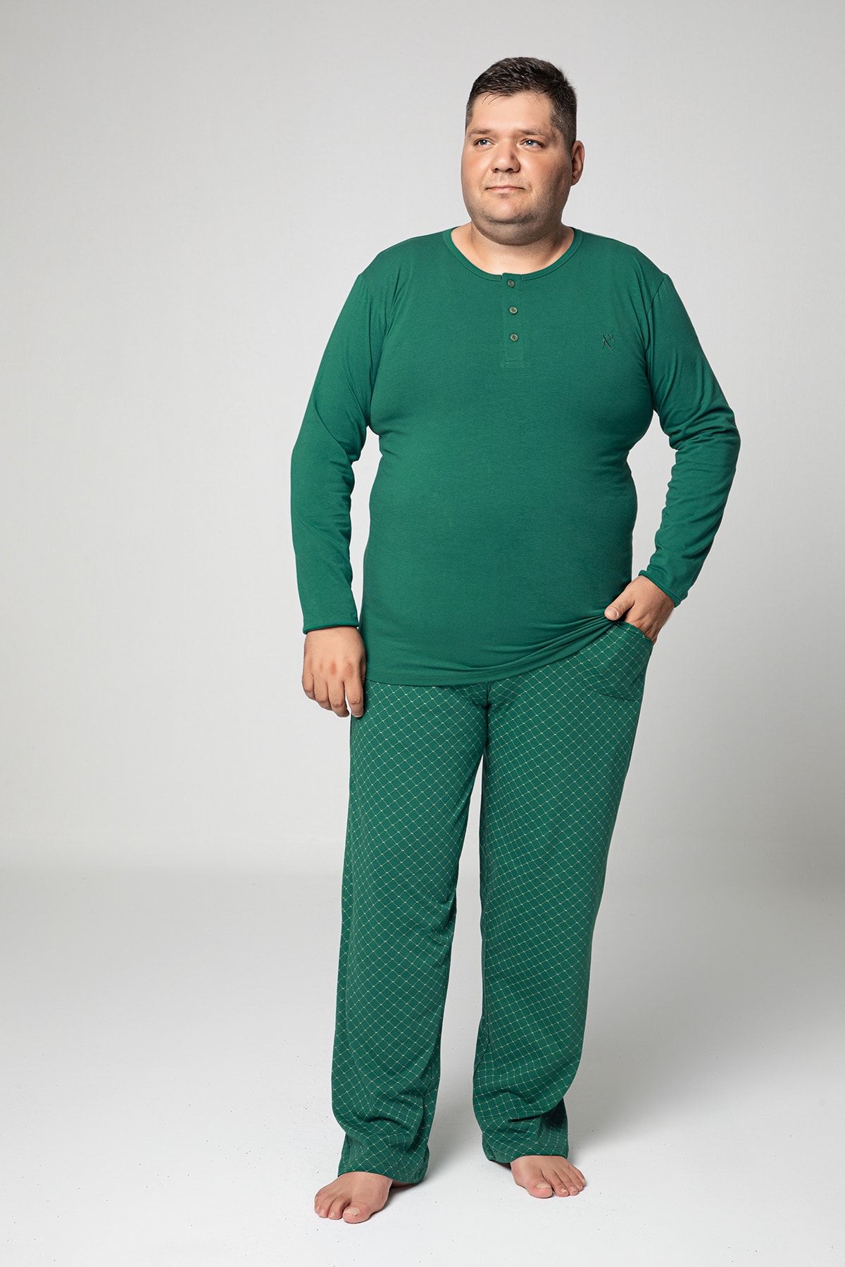MODAREYA Büyük Beden Düğmeli Yeşil Erkek Pijama Takımı