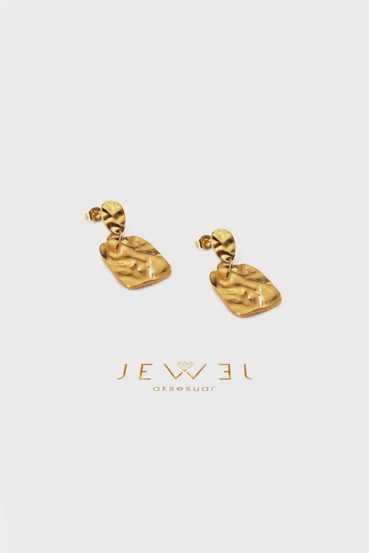 Jewel Işlemeli Kare Gold Altın Kaplama Küpe