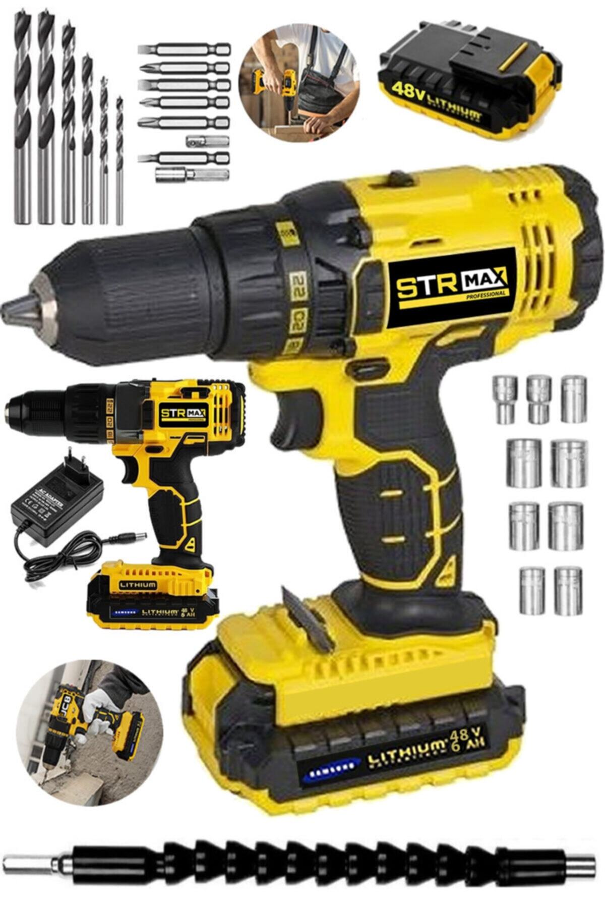 StrMax Germany 48 V 6 Ah Gt500 Metal Şanzuman Bakır Sargılı Çift Akülü Şarjlı Vidalama Matkap 27 Parça Set