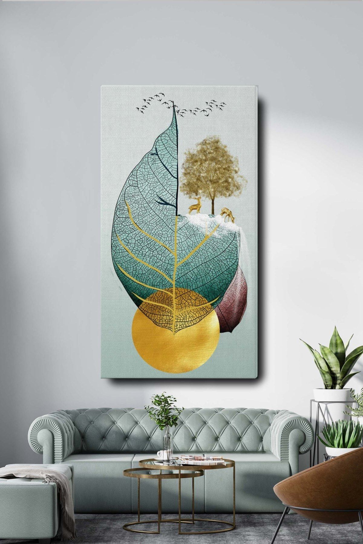 Blok Design Dekoratif Soyut Altın Geyikli Yaprak Sürreal Kanvas Duvar Tablosu 120x60cm Büyük Boy Tablo