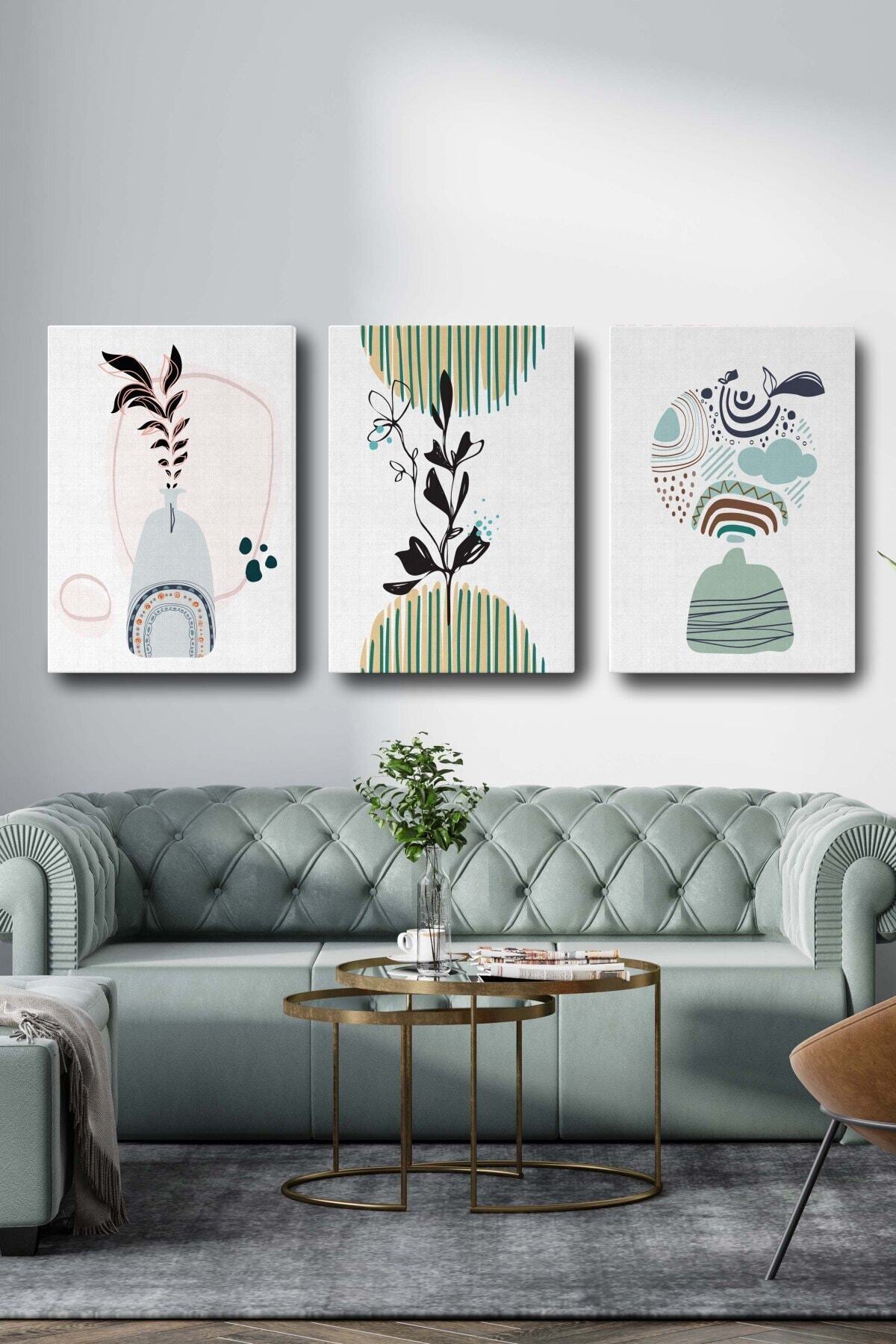 Blok Design Soyut Dekoratif Kanvas Duvar Tablosu 3'lü Set Sanatsal Tablo Seti