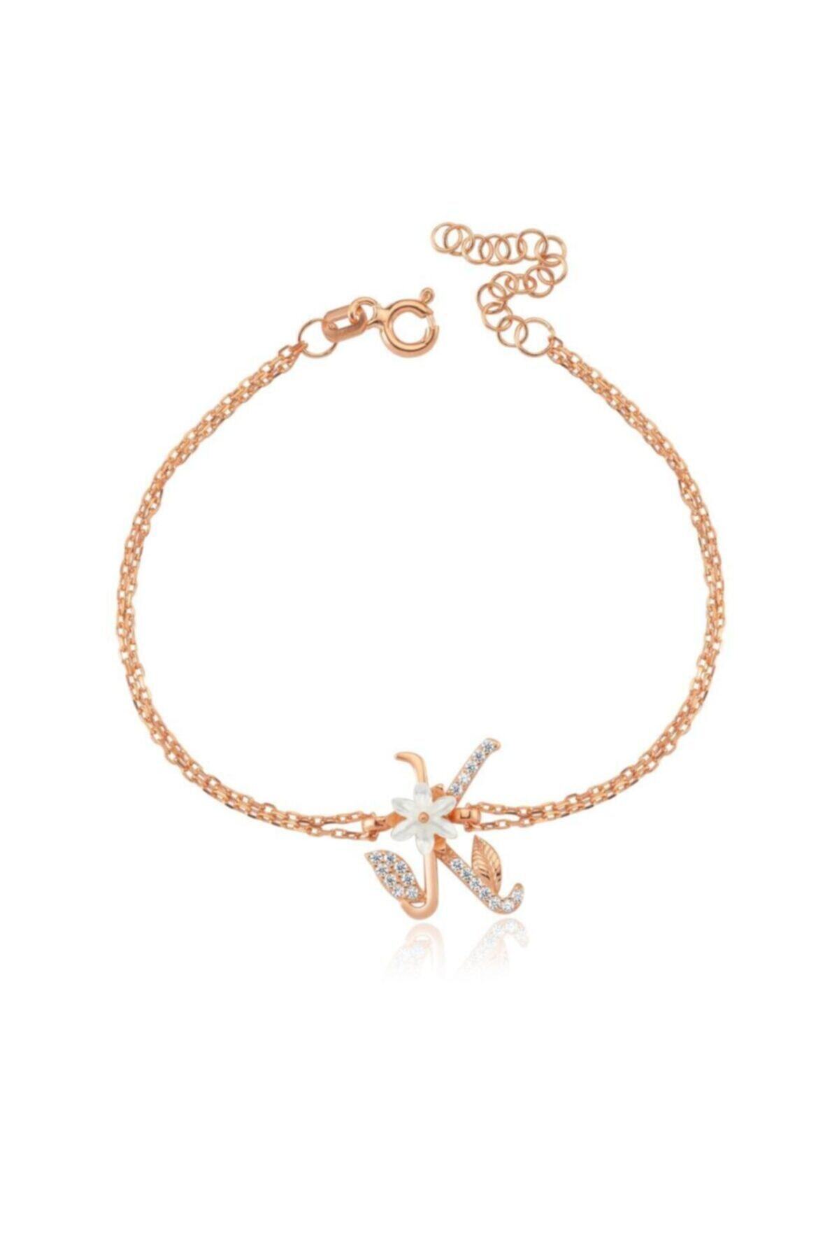 Mia Vento Işıltılı Manolya Çiçeği K Harfi Rose Renk Gümüş Harfli Bileklik