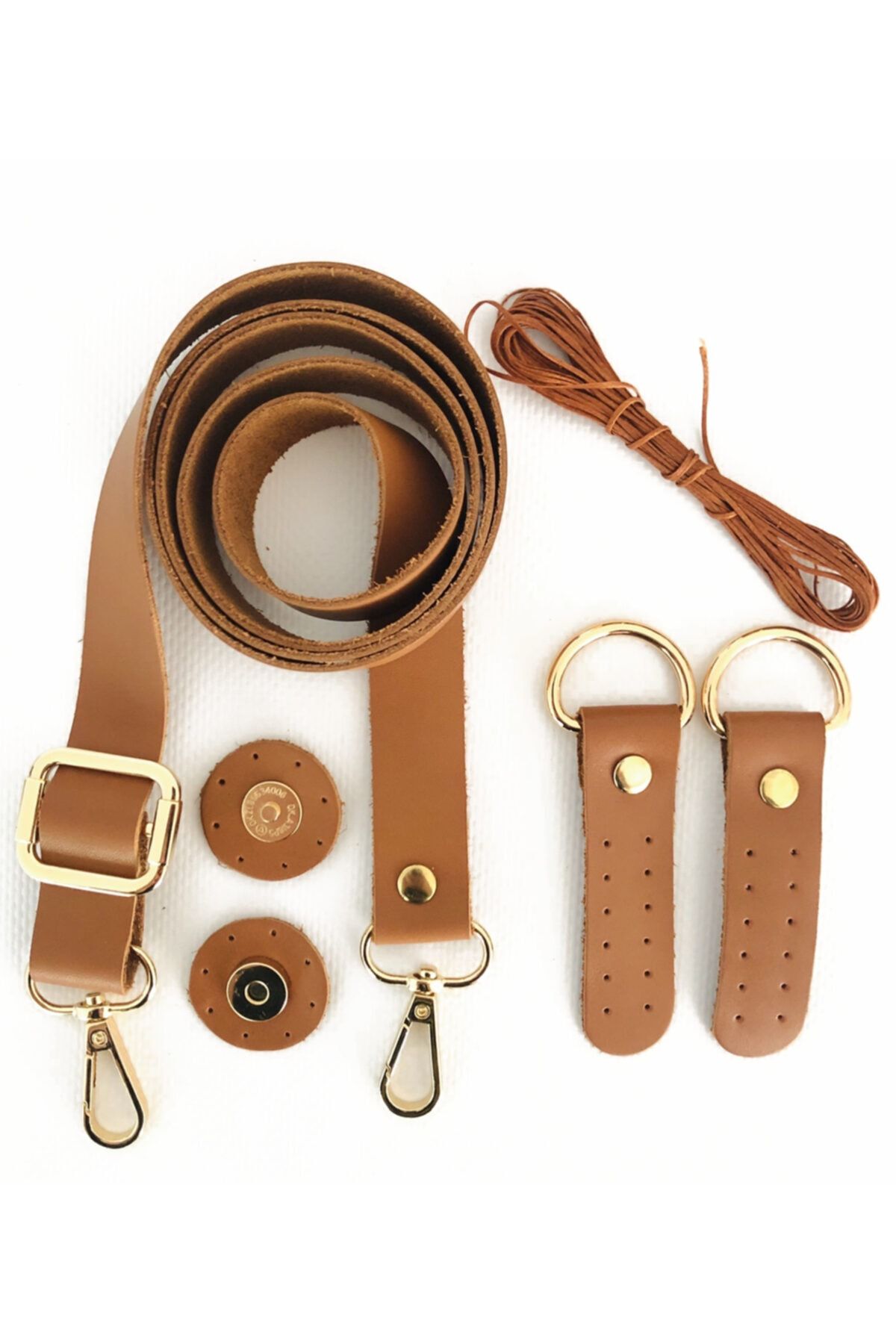 Alfa Tasarım Hakiki Deri Çanta Sapı Altın Aksesuar 120 cm Mıknatıslı Çıtçıt, Mumlu Ip Set Camel