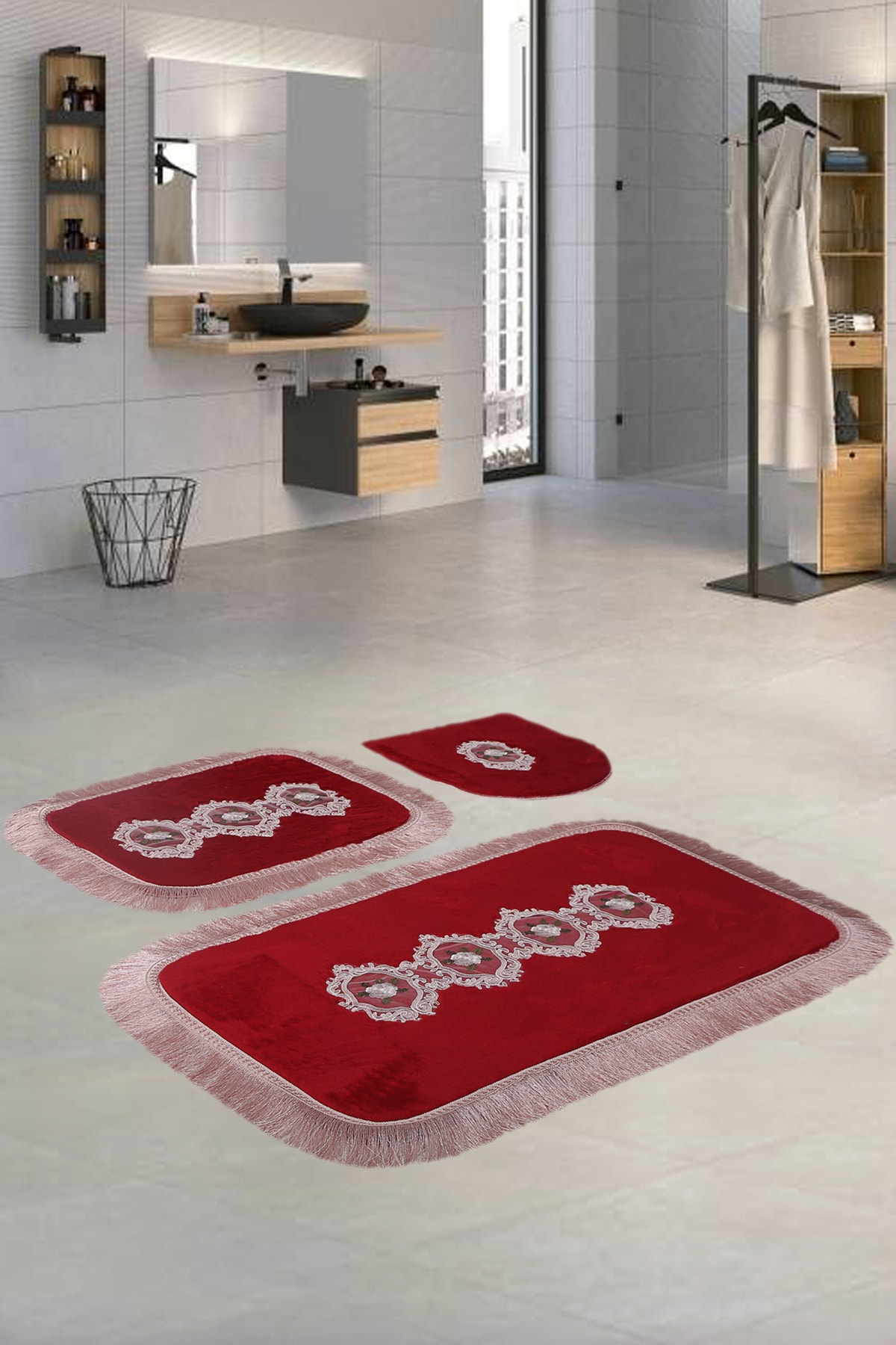Bonny Home Shems Köşeli Bordo 3'lü Banyo Paspası Seti Kaymaz Tabanlı Çeyizlik Dantelli Klozet Takımı
