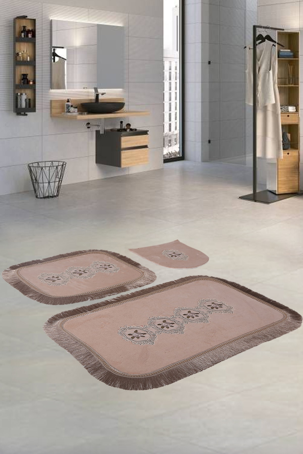 Bonny Home Shems Köşeli Vizon 3'lü Banyo Paspası Seti Kaymaz Tabanlı Çeyizlik Dantelli Klozet Takımı