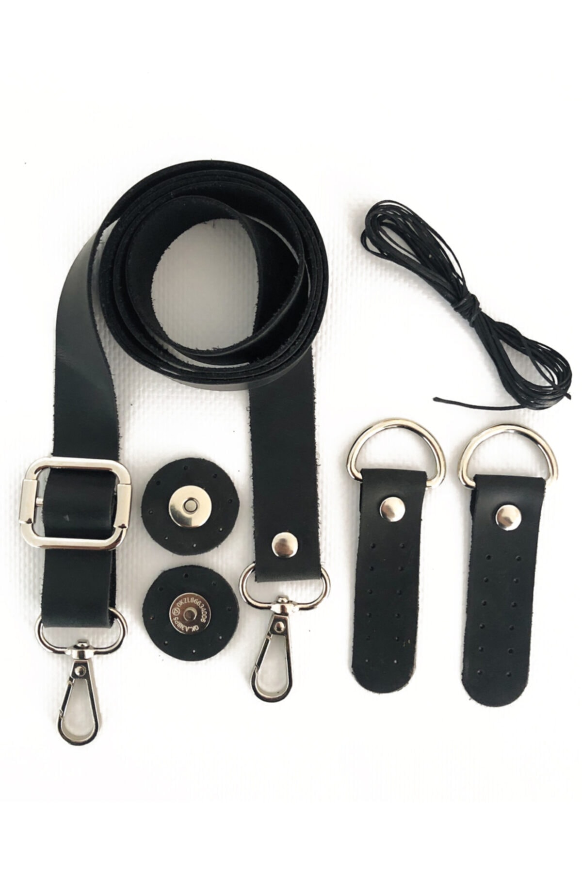 Alfa Tasarım Hakiki Deri Çanta Sapı Gümüş Aksesuar 120 cm Mıknatıslı Çıtçıt, Mumlu Ip Set - Siyah