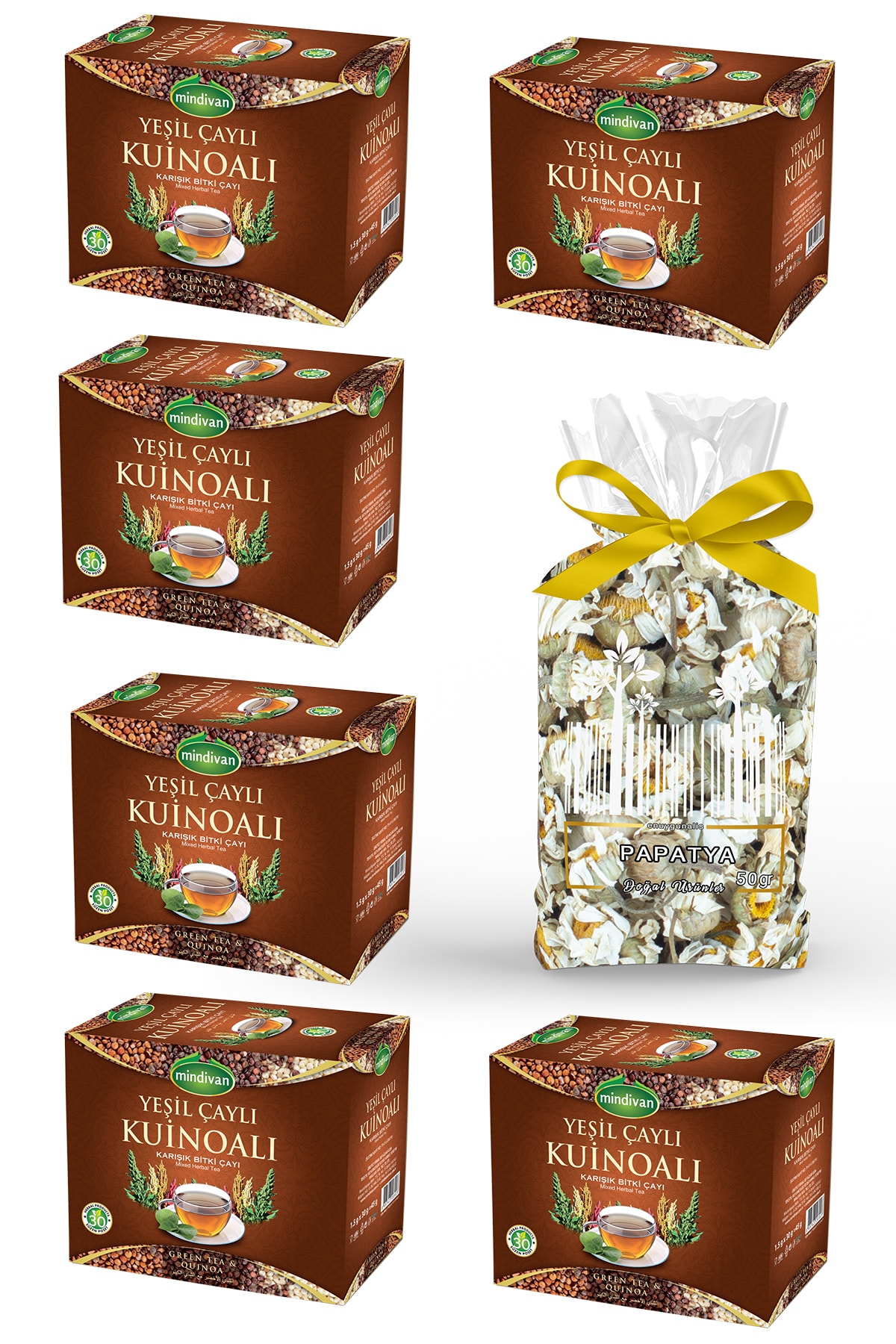 Mindivan Yeşil Çaylı Kinoa Karışık Bitki Çayı 6 Adet + Papatya Çayı 50 Gr