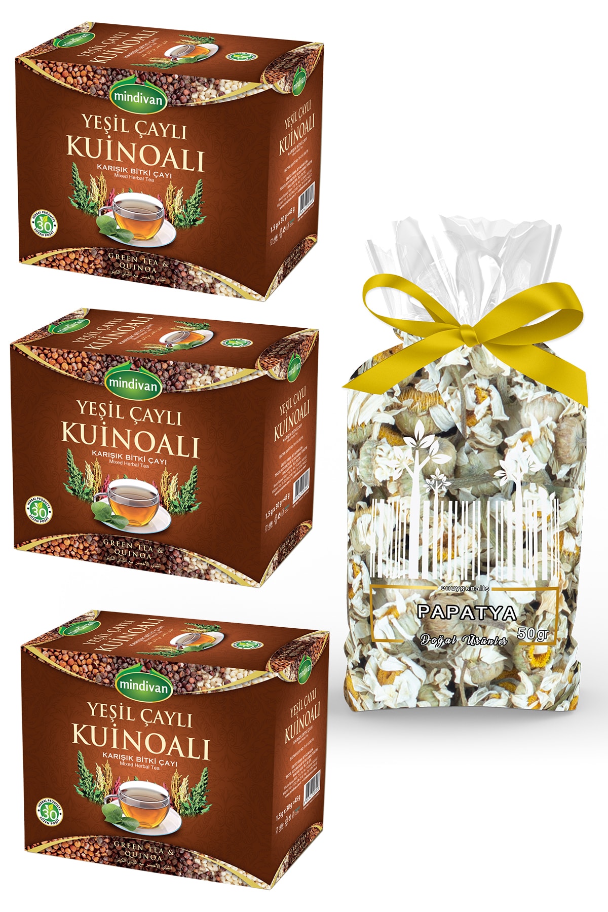 Mindivan Yeşil Çaylı Kinoa Karışık Bitki Çayı 3 Adet + Papatya Çayı 50 Gr