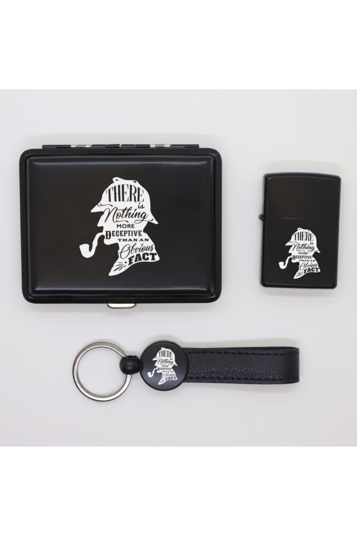 ELALAZER Sherlock Holmes Metal Tabaka Zippo Çakmak Ve Anahtarlık Seti