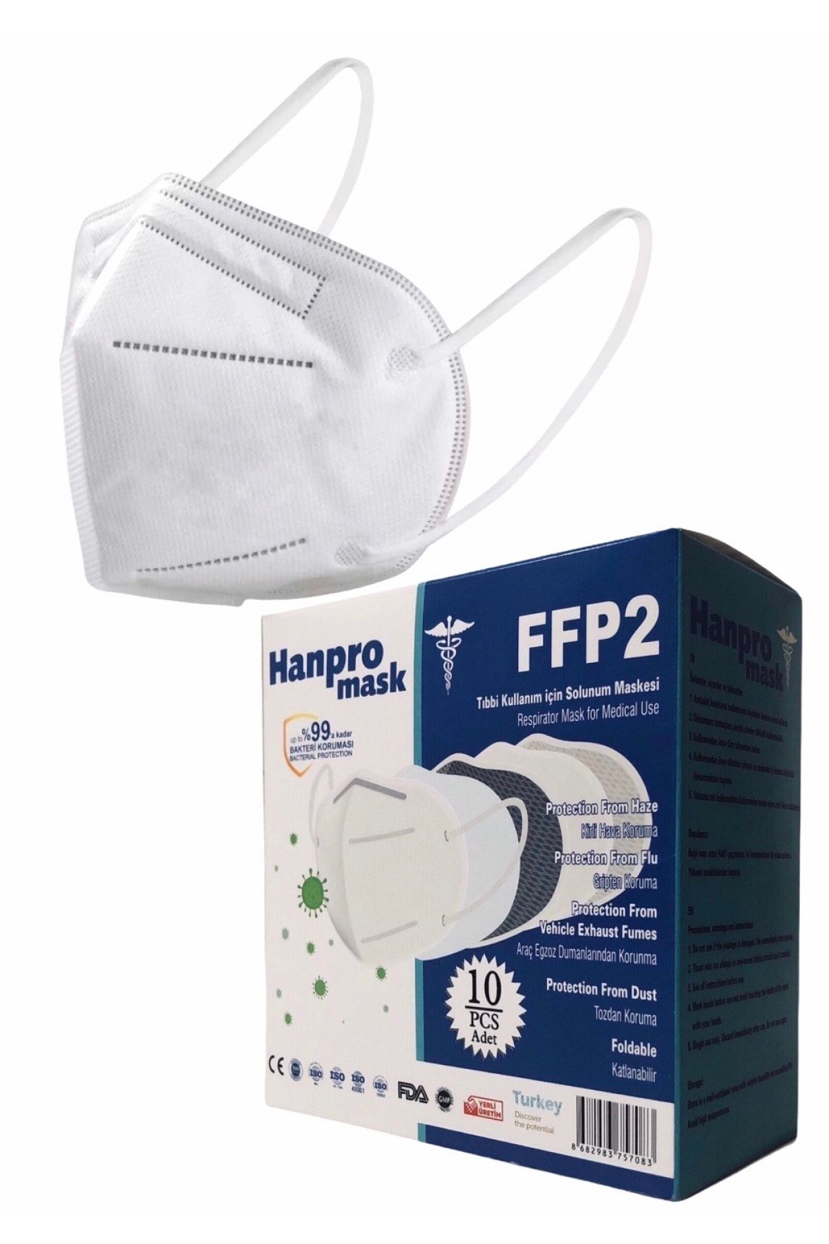hanpromask Ffp2 Maske Beyaz Renk 10'lu 5 Paket 50 Adet