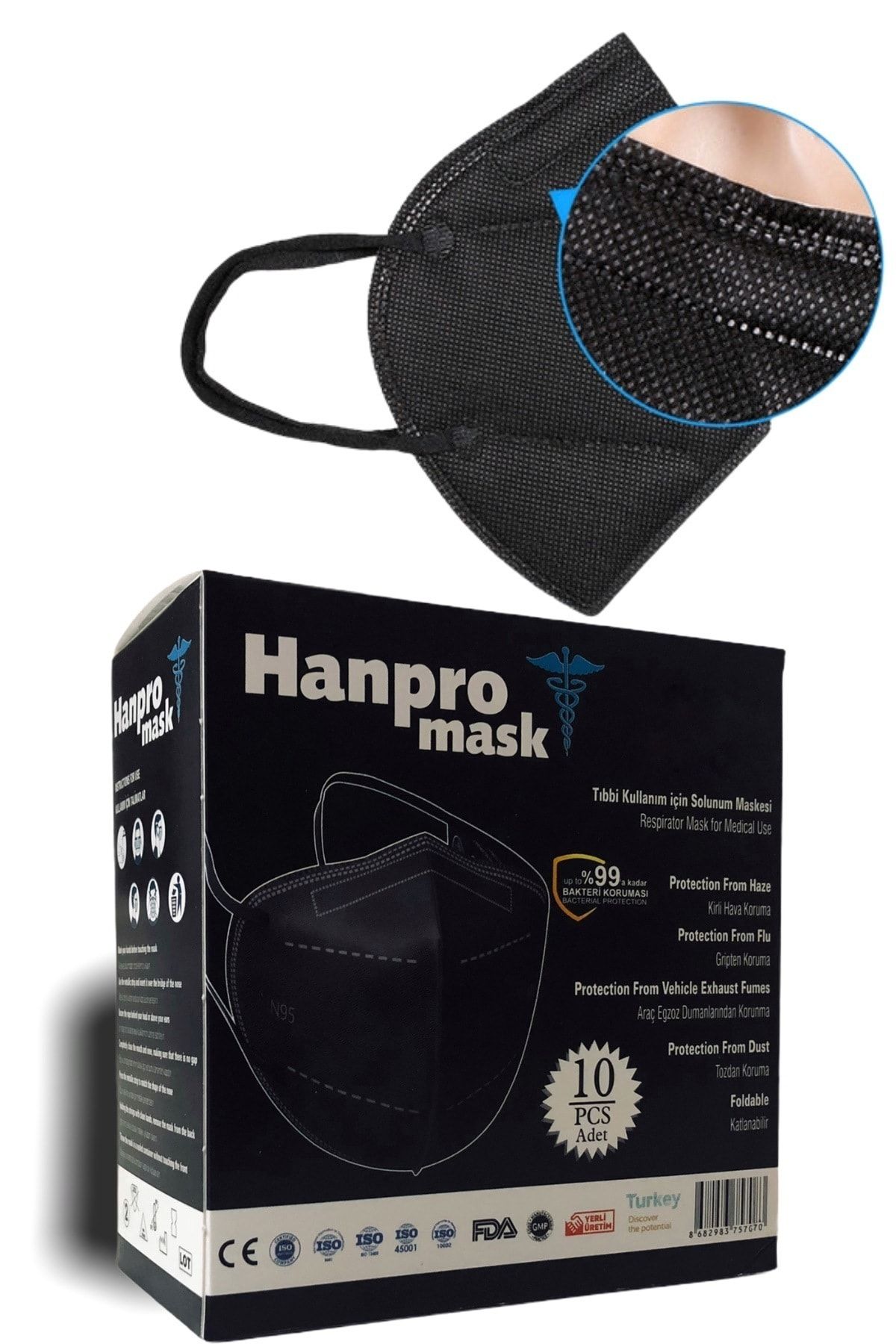 hanpromask Ffp2 Maske Siyah Renk 10'lu 5 Paket 50 Adet