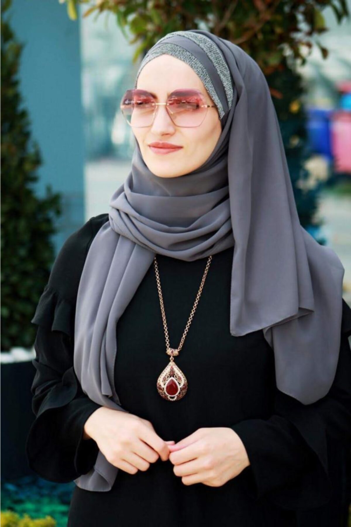 Amisos Bone Şal Hazır Tesettür Giyim Titi Üc Bandlı Hazır Sal Füme - Özel Tasarım- Yeni Model Tesettür Giyim