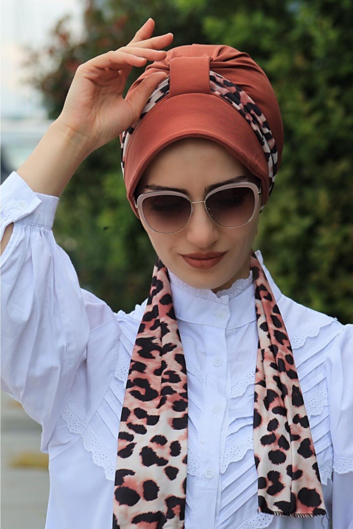 Amisos Bone Şal Hazır Tesettür Giyim Atkılı Şapka Bone Kiremit - Özel Tasarım- Yeni Model Tesettür Giyim