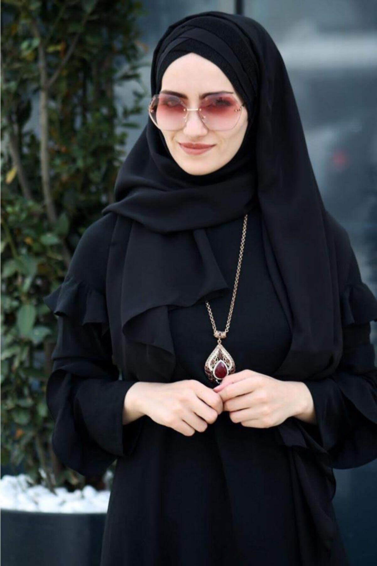 Amisos Bone Şal Hazır Tesettür Giyim Titi Üc Bandlı Hazır Sal Siyah - Özel Tasarım- Yeni Model Tesettür Giyim