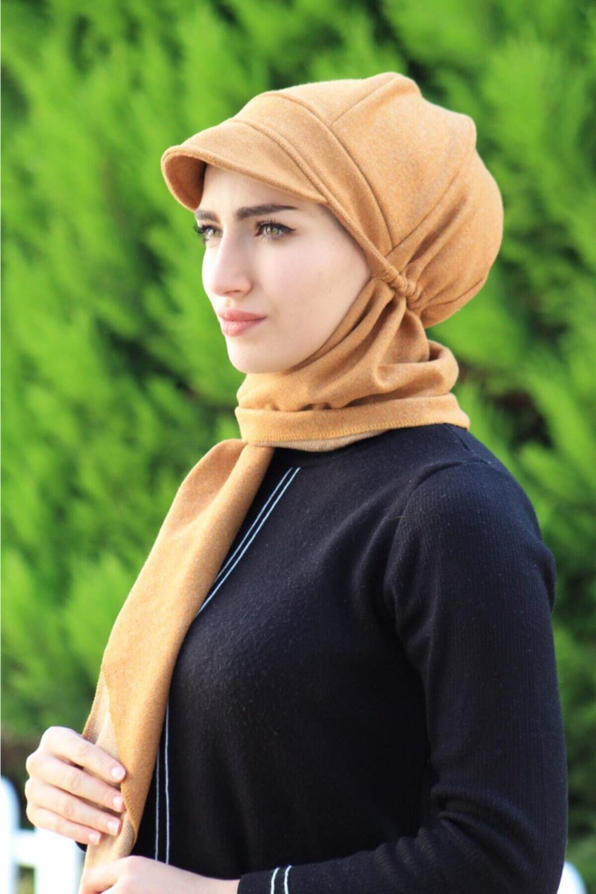 Amisos Bone Şal Hazır Tesettür Giyim Kase Atkılı Bone Hardal - Özel Tasarım- Yeni Model Tesettür Giyim