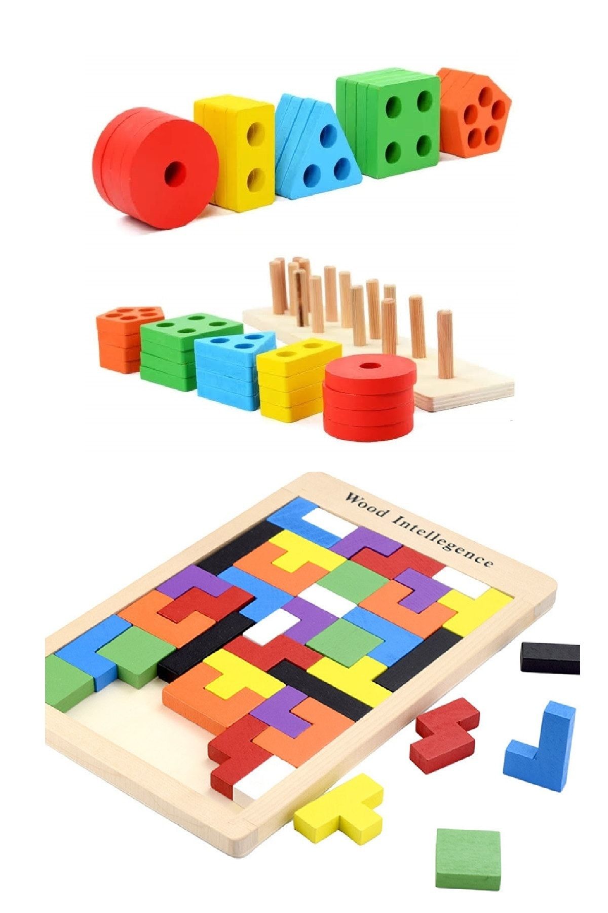 AyasEğiticiOyuncak Ahşap Tetris Oyunu  Ahşap 5.li Geometrik Şekilli Geçirme Oyunu 2 In 1