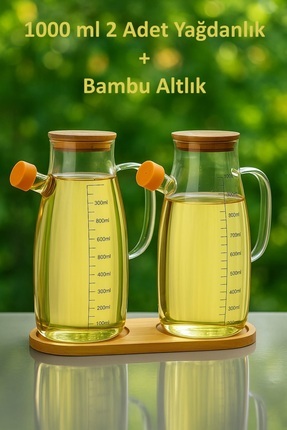 Borosilikat Cam Yağdanlık Sirkelik Seti Bambu Kapaklı ve Altlıklı 3'lü - Mutfak Yağlık Seti Image 0
