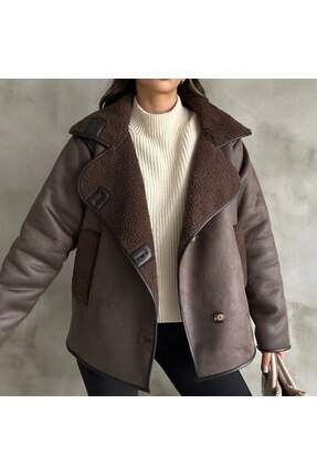 Yeni Sezon ZR Kadın Oversize Süet Kürk Detaylı Kadın ZR Mont Kadın Ceket Image 0