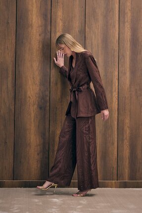 Yüksek Bel Desenli Pantolon - Kahve Image 0