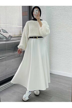 Beyaz Scuba Kloş Etek Image 4