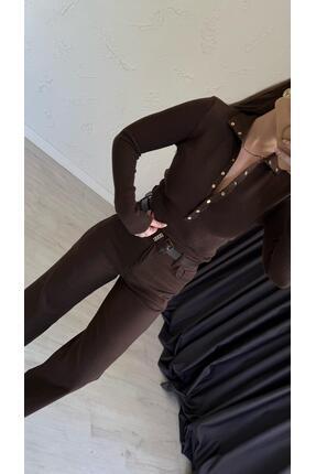 Dik Yaka Çıtçıtlı Triko Kahverengi Image 1