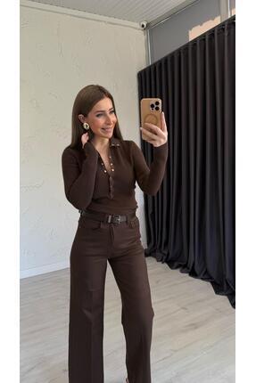 Dik Yaka Çıtçıtlı Triko Kahverengi Image 0