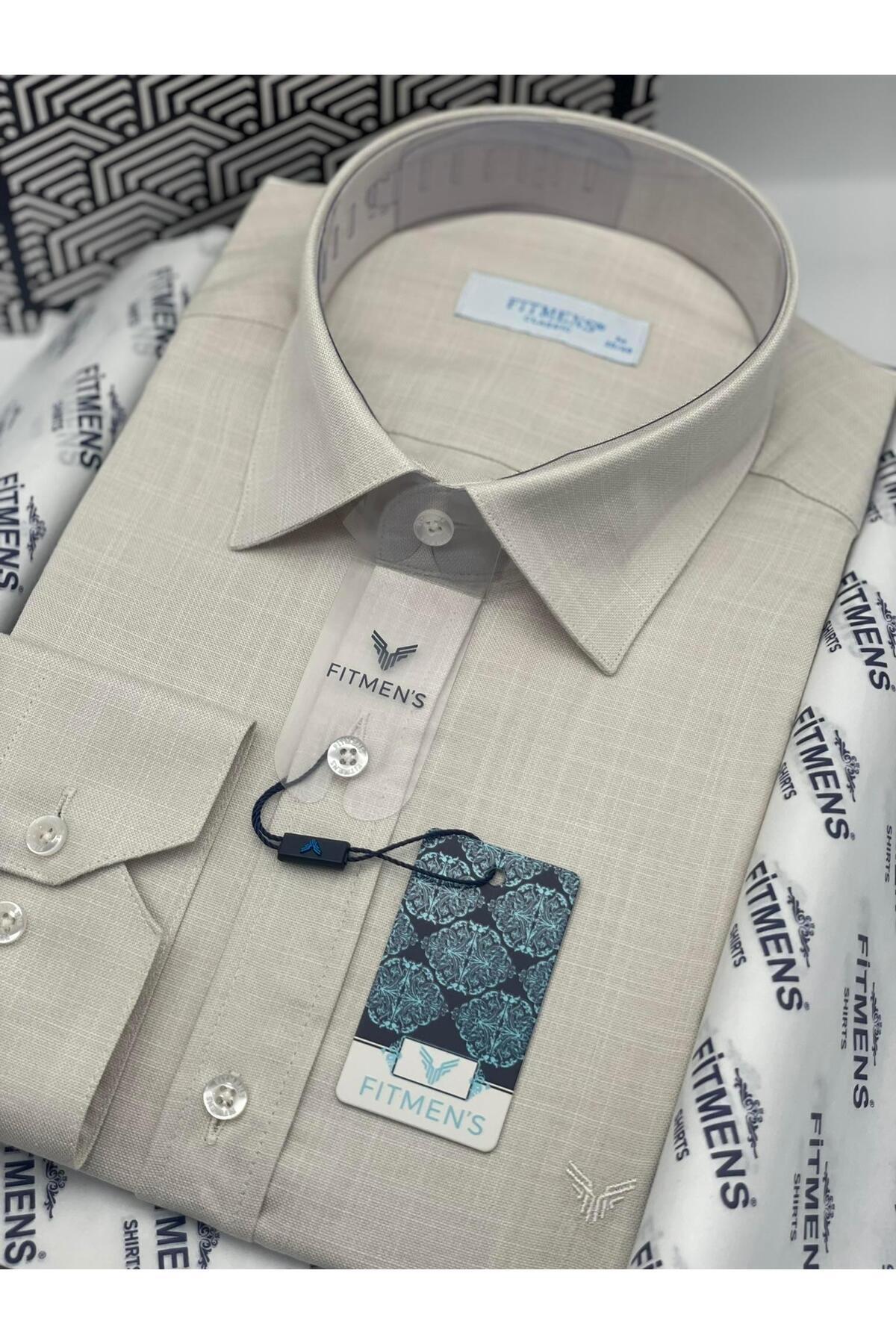 پیراهن مردانه دکمه دار یقه بلند آستین بلند کلاسیک با جعبه کادویی FS-003686 - نخودی