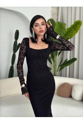 Büzgü Yaka İspanyol Kol Dantel Uzun Elbise Image 5