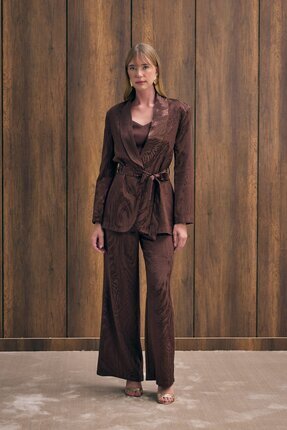 Yüksek Bel Desenli Pantolon - Kahve Image 5