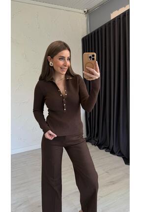 Dik Yaka Çıtçıtlı Triko Kahverengi Image 3