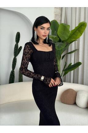 Büzgü Yaka İspanyol Kol Dantel Uzun Elbise Image 4