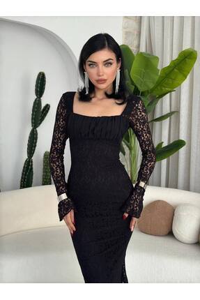 Büzgü Yaka İspanyol Kol Dantel Uzun Elbise Image 6