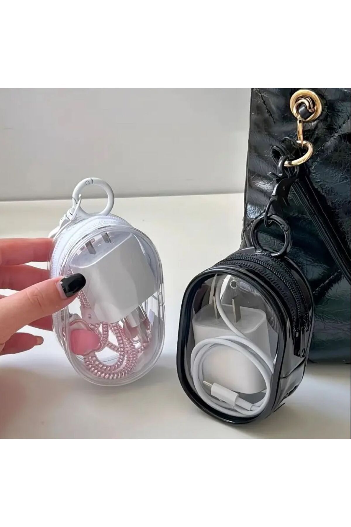 Zipper Mini Bag -Beyaz -klipsli Charging Key Charging