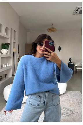 mavi geniş kol yumuşak dokulu kazak Image 3