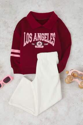 Ekru Pamuklu Kız Çocuk Slogan Baskılı Polo Yaka Oversize Örme Alt - Üst Takım TKDAW26AU00002 Image 1