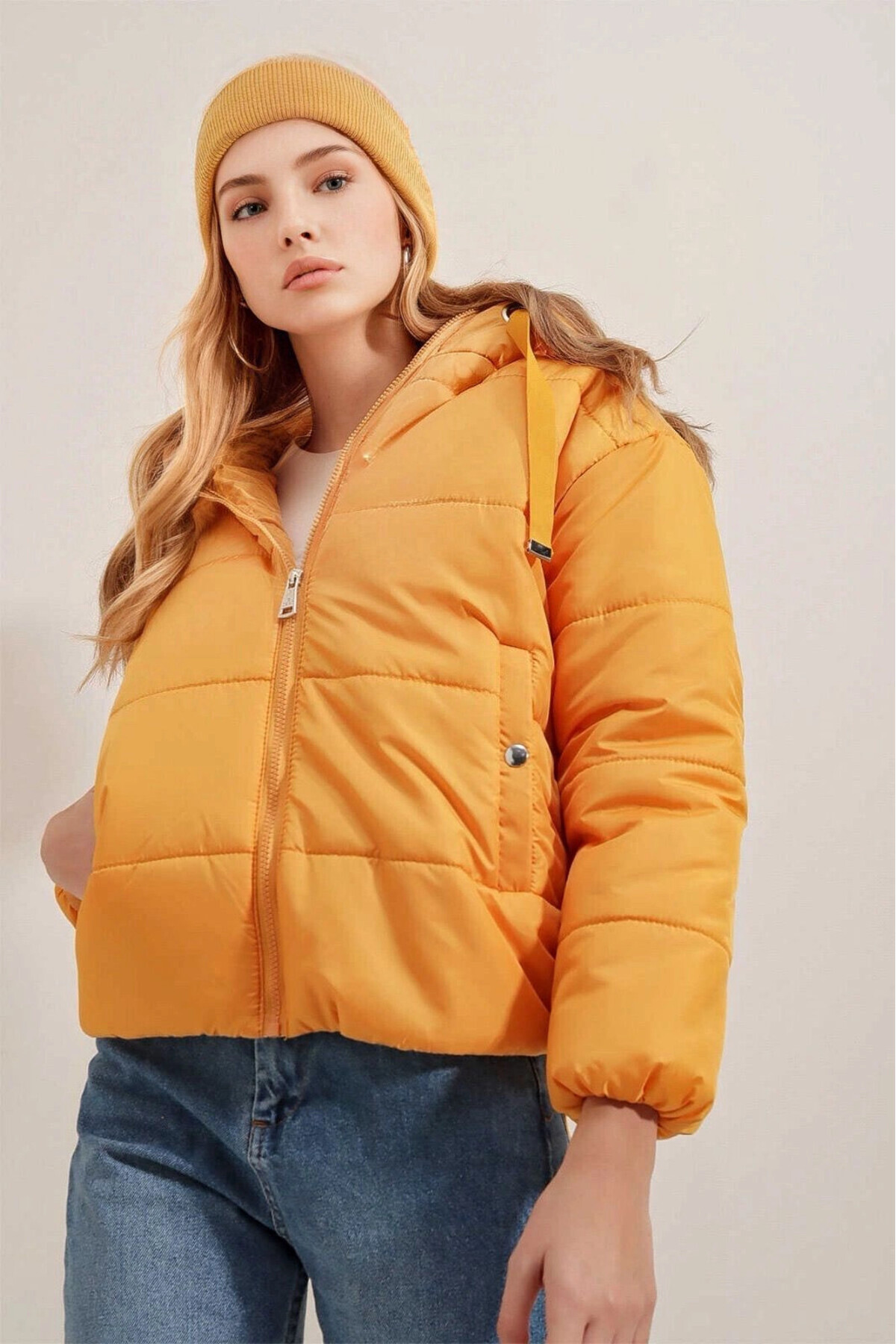 کت بند کشی زنانه کلاهدار زرد زنانه Hzl22w-bd151171