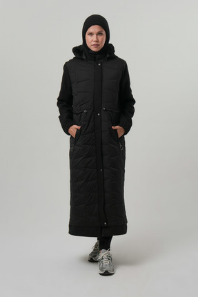Kadin Tesettür Siyah Mont Parka Çıkabilir Kapüşonlu Kaşe Detaylı Uzun kaban Image 2